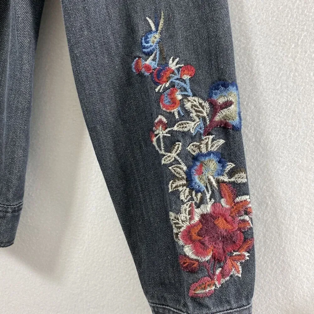 Hannah Jean Jacket Womens Small Black Denim Floral Embroidered Button Down - Picture 12 of 15